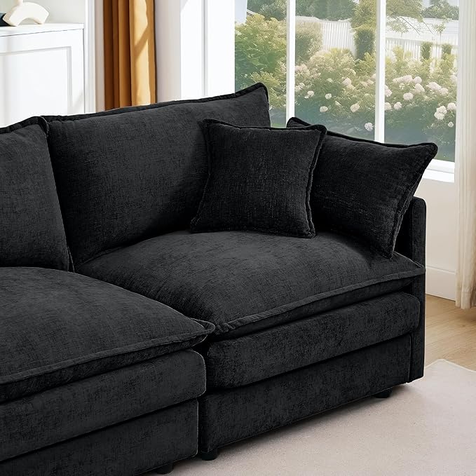Black Sectional Modular Sofa Cloud Couch 105 Modern Convertible L-Shape Sofa Deep 3-Seater Soft Chenille Comfy Upholstered with Removeable Ottoman Set and Removable Cushions for Living Room