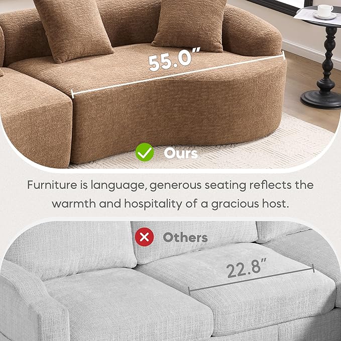 110'' Modern Curved Sofa Sectional Arc 4-Seater Foam Couch Compressed in-a-Box Boneless Cloud Couch with Extra-Deep-Wide Seats in Comfortable Chenille No Assembly Classic Caramel