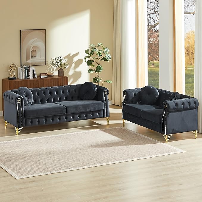 KEIKI 5 Seat Chesterfield Sofa Retro Style Upholstered 3+2 Seats Velvet Couch with Rolled Arm for Living Room Bedroom Office Black