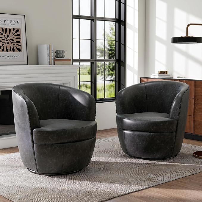 Swivel Barrel Chair Modern Round PU Leather Accent Armchair for Living Room Bedroom Comfy Club Reading Chairs for Adults (Leather Black Grey Set of 1)