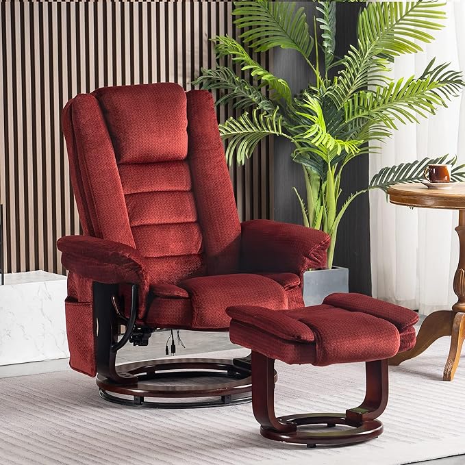 MCombo Swivel Recliner with Ottoman Chair TV Chair Sets with Vibration Massage for Small Space Living Room Bedroom 9096 9099 (Textile Burgundy)