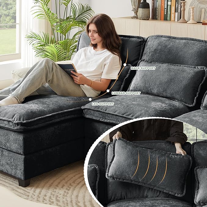 112 Modular Sectional Sofa U Shaped Comfy Cloud Couch with Double Chaise and Padded Armrests Modern Deep Seat Sectional Couches for Living Room Apartment Office Dark Grey