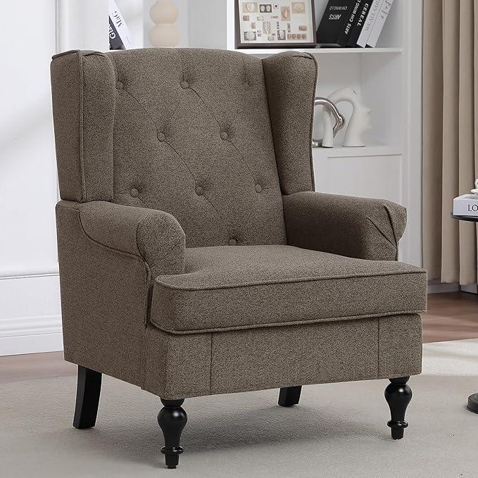 Accent Chair for Living Room Mid Century Modern Upholstered Armchair Wingback Chair with Tufted High Back and Solid Legs Comfy Side Chairs Single Sofa for Bedroom Brown