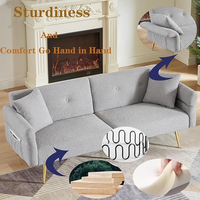 69.5 Grey Convertible Futon Sofa Bed with Adjustable Backrest and Armrests Teddy Upholstered Loveseat Sleeper Couch with 2 Pillows and Metal Legs Love Seat for Guest Room Living Room (Grey)