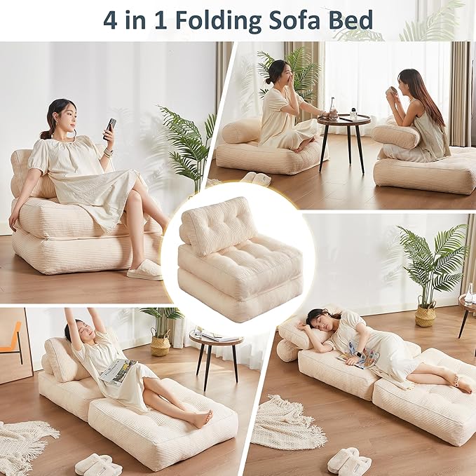 Folding Chair Bed Futon Sofa Floor Couch for Adults Chair for Living Room Lounge Sofa Convertible Sofa Bed Small Couches for Small Spaces Beige