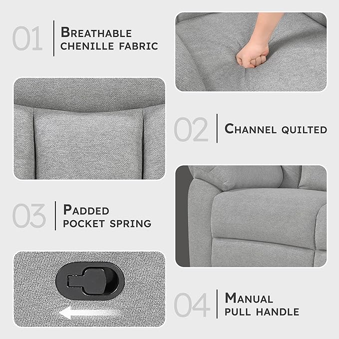 Lexicon Manual Double Recliner Couch for Living Room Chenille Fabric Upholstered Reclining Sofa Home Theater Seating Easy Assembly Recliner Couch Gray
