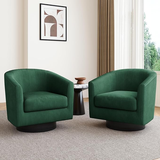 Lumibee Swivel Accent Barrel Chairs Set of 2 Upholstered Comfy Swivel Round Barrel Chair 360° Rotation Single Sofa Club Armchair for Living Room Reading Room Bedroom Corduroy Dark Green