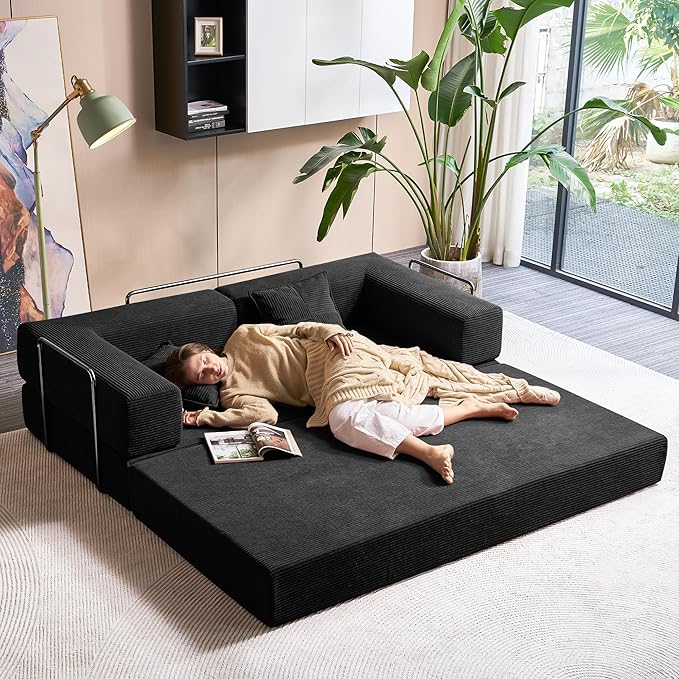 Compression Sofa - 78''Convertible Floor Sofa Bed - with Pillow Back Support Armrest - Comfy Foldable Sofa Bed Compressed Sofa in Box - Corduroy Fabric - for Living Room Bedroom(Black)