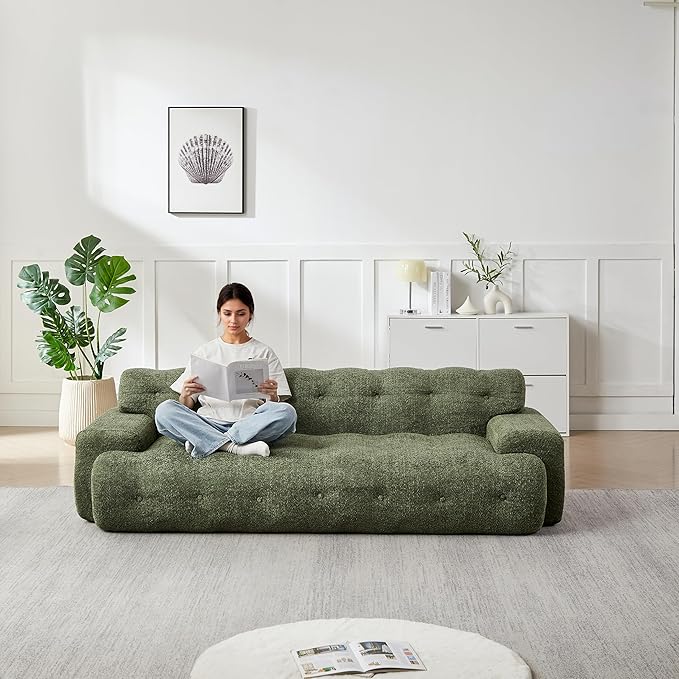 KEIKI 87.4 Cloud Couch Oversized 3 Seat Sofa with Button-Tufted Square Arm Deep Seat Chenille Seat for Living Room Guest Bedroom No Assembly Required Green