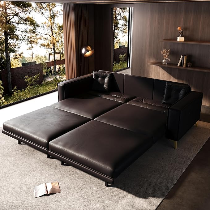KEIKI 92.1 King Size Pull Out Sofa Bed 3-in-1 Faux Leather Convertible Sleeper Clouch with 2 Pillows 4-Seater Sofa Bed for Living Room Apartment Office Dark Brown