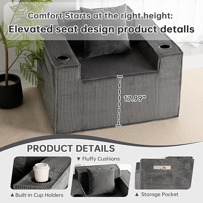Cloud Single SofaChaise Lounge Chair with Cup Holder &amp Side PocketElevated Seat HeightNo Assembly RequiredBoneless Corduroy Chair for Small SpaceBedroomOffice (Grey Single Sofa)