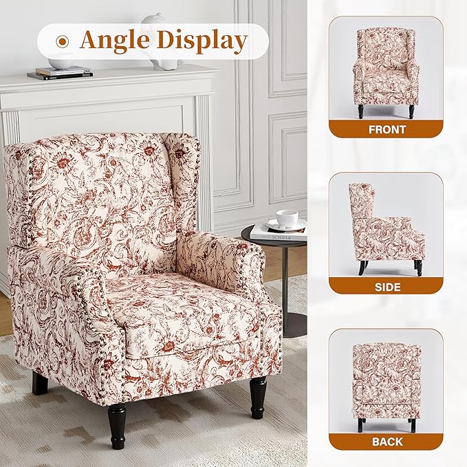 Wingback Accent Chair High Back Upholstered Armchair Printed Fabric Wingback Arm Chair with Wood Legs Single Sofa Reading Chair for Bedroom Living Room Rococo Orange