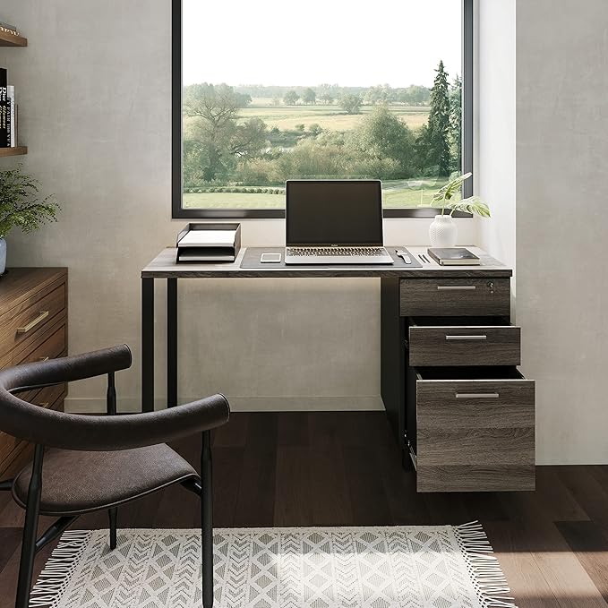 Modern Design Milano Office Computer Desk with 3 Locking Drawers 48 Inch Grey and Black Industrial Wood Desk with Filing Drawer and Storage by Crafts and Comfort