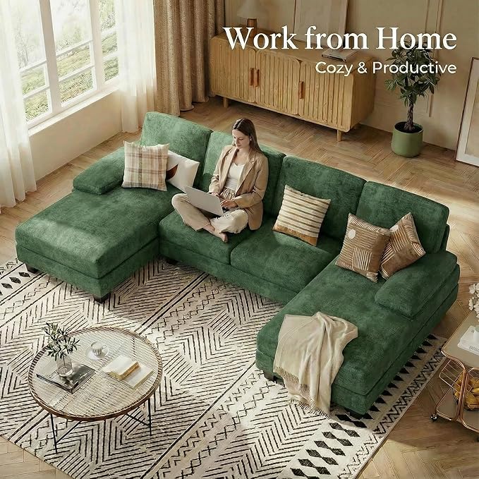 Homall Modular Sectional U Shaped Sofa Couches for Living Room Comfy Chenille 4 Seat Sofa Set with Removable Pillows Lounge Chaise Upholstered Couch for Apartment (Chenille Green)