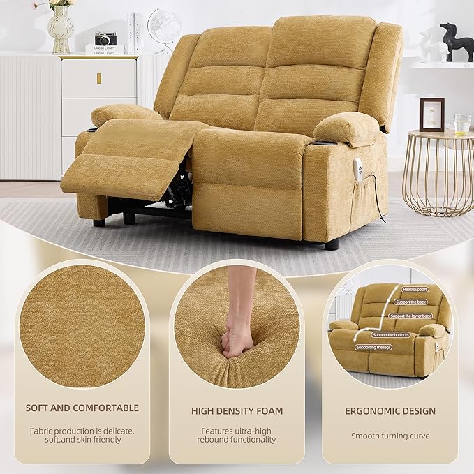 52Inch Power Loveseat ReclinerElectric Reclining Loveseat SofaAdjustable Love seat Recliner Sofa for Living RoomBedroom with Charging Ports(Yellow loveseat)