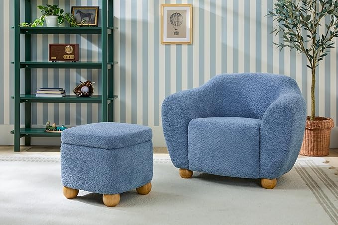 Walker Edison Linley Contemporary Bouclé Accent Chair and Small Storage Ottoman 2-Pack Soft Blue