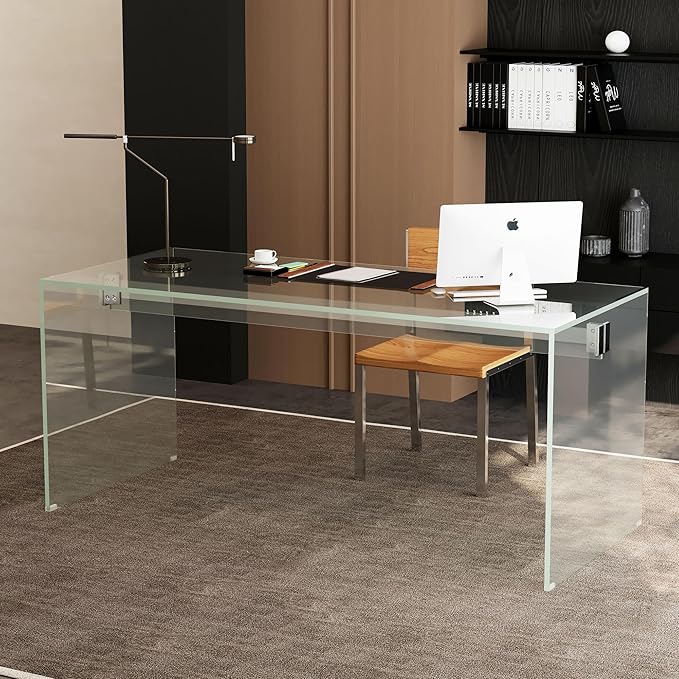 Clear Tempered Glass Writing Desk – Minimalist Modern Computer Table with Metal Joints for Home Office or Study