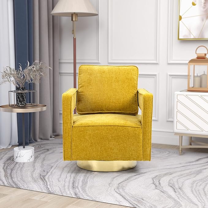30.7 W Swivel Accent Open Back Chair Modern Comfy Sofa Chair with Gold Stainless Steel Base for Nursery Bedroom Living Room Hotel Office Club Chair Leisure Arm Chair for Lounge (Mustard Chenille)