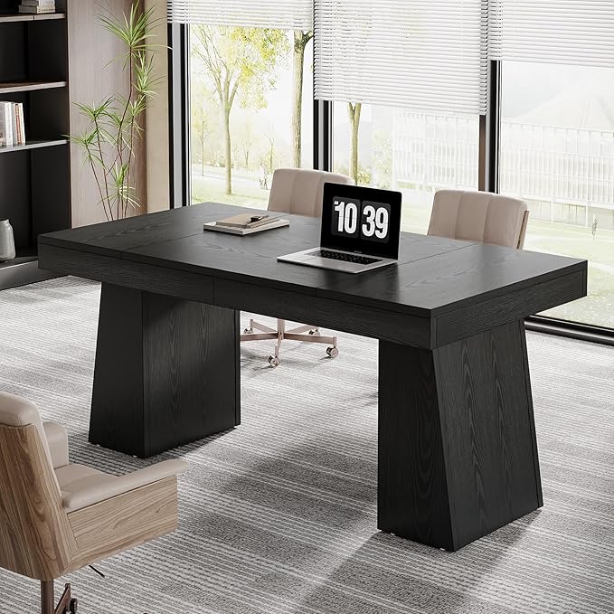 Tribesigns 55 Inches Executive Desk Mid-Century Modern Home Office Desk Wood Computer Desk Business Workstation Desk Small Conference Table Black