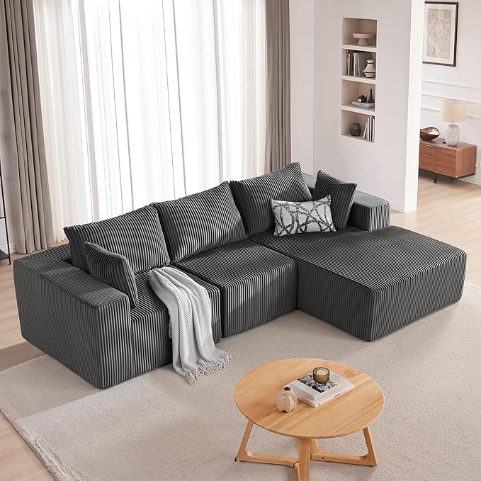HUATEAN 108” Modular Sectional Sofa Cloud Sectional Couch with Deep Seat Modern Modular L-Shape Sofa Couch with ChaiseUpholstered Couches for Living Room Bedroom (Corduroy Darkgrey)