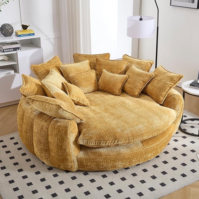 81 Oversized Round Sofa Bed Large Chenille Bean Bag Chair No Assembly Required Cloud Couch Fluffy Plush Chaise Lounge Chair Indoor Modern Sleeper Sofa with Deep Seat for Living Room (Yellow)