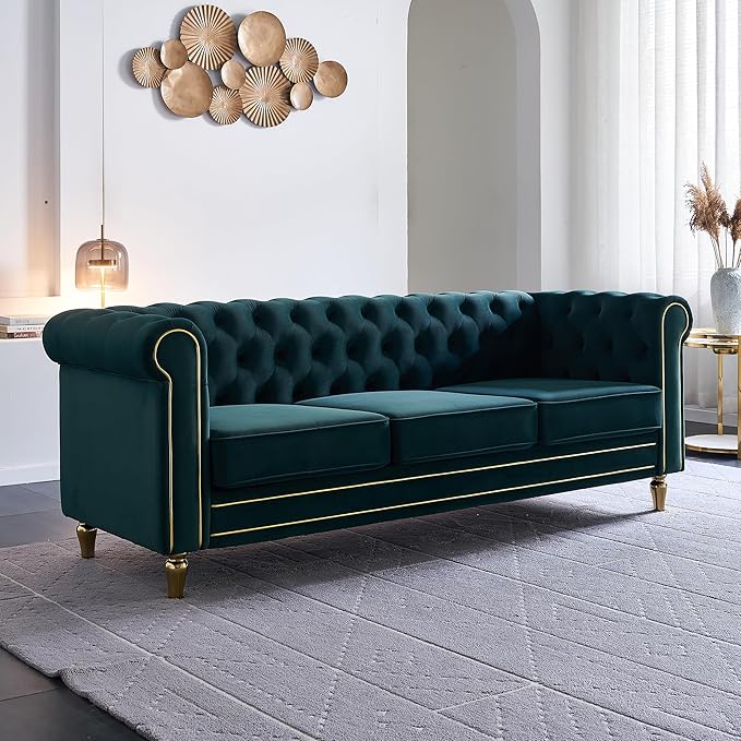 Homtique 84 Modern Green Velvet Chesterfield Sofa 3-Seater Button Tufted Rolled Arms Gold Legs