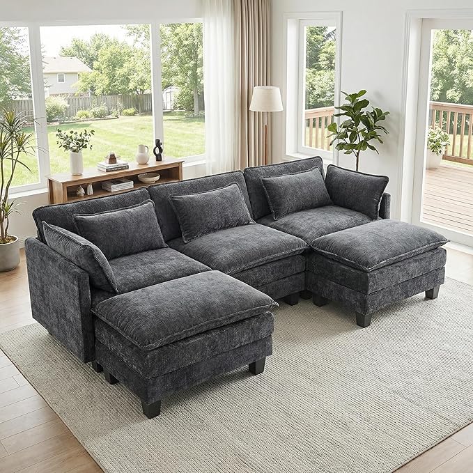 Amada Sectional Couches for Living Room 111.5-U Shape Comfy Cloud Modular Sectional Sofa 5-Seater Chenille Deep Seat Sofa Sleeper with 2 Movable Ottomans&ampThrow Pillows (Grey) | Chenille