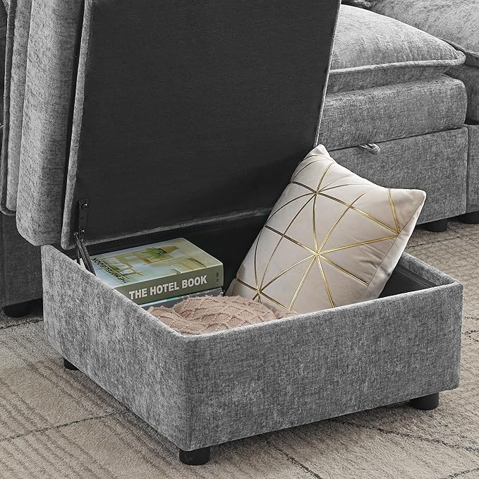 27 Large Square Ottoman with Storage Modern Upholstered Footrest with Anti-Slip Legs for Couch Coffee Table Living Room Bedroom Entryway Chenille Light Grey