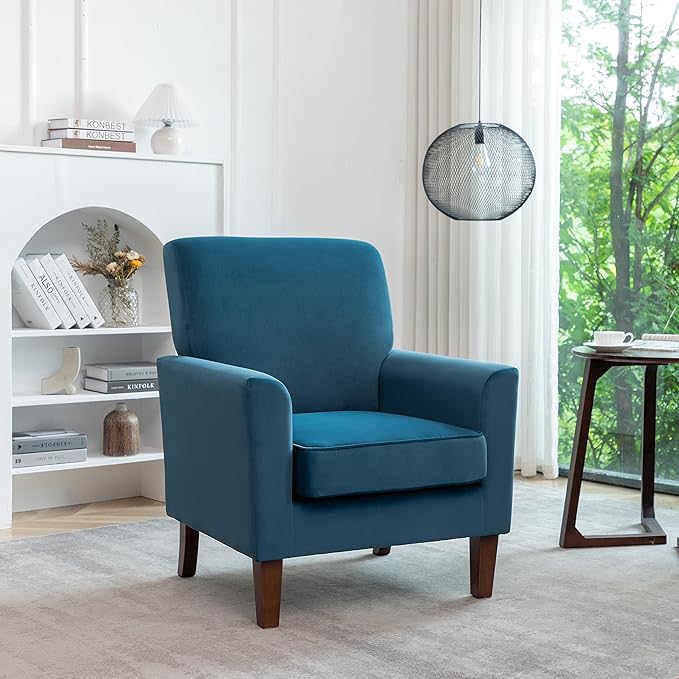 Contemporary Accent Arm Chair with Birch Wood Frame and Velvet Upholstery Armchair for Office and Living Room Decor Removable Cushions Greenish Blue