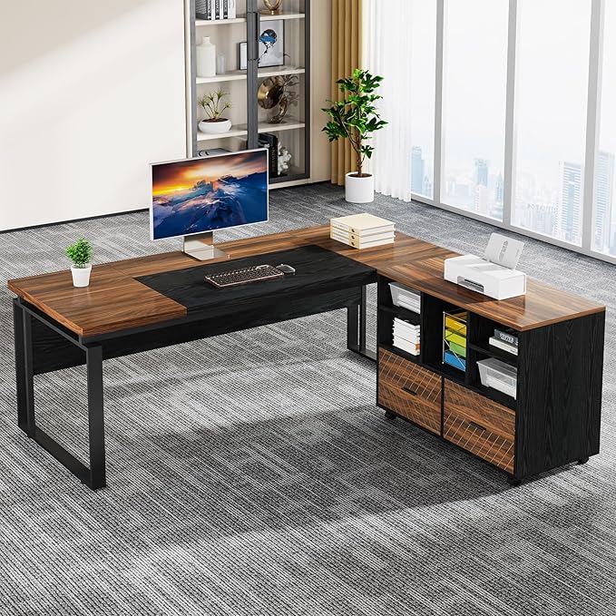 Tribesigns L-Shaped Executive Desk with Reversible File Cabinet 63 Office Desk with Storage Drawers L-Shaped Computer Desk with Drawer Cabinet for Hanging Letter Size Files (Brown+Black)