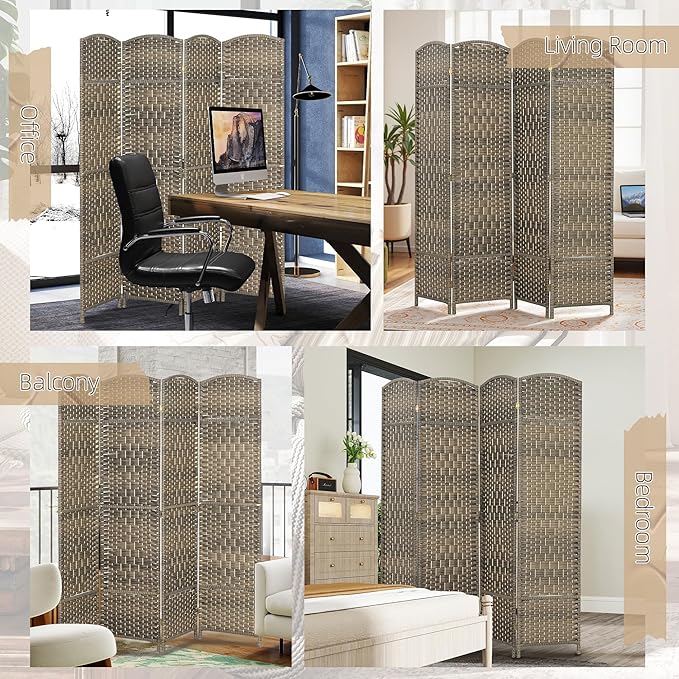 HOMCOM Room Divider 6 Ft 4 Panel Folding Privacy Screen Hand-Woven PP Wall Partition with Pine Wood Frame Freestanding Room Separator for Bedroom Home Office No Assembly Dark Rustic Oak