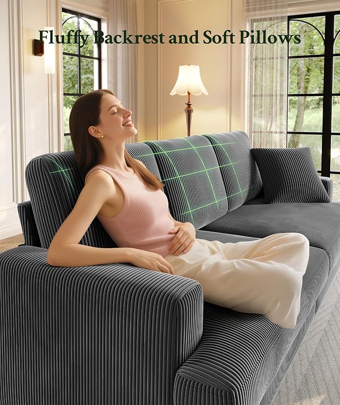 87.2 Couches for Living Room Comfy Grey Couch 7.5 Extra Thick Cushion Sofas for Living Room Tool-Free Setup Loveseat Sofa 848lbs Support Corduroy Couch for Bedroom Apartment Office