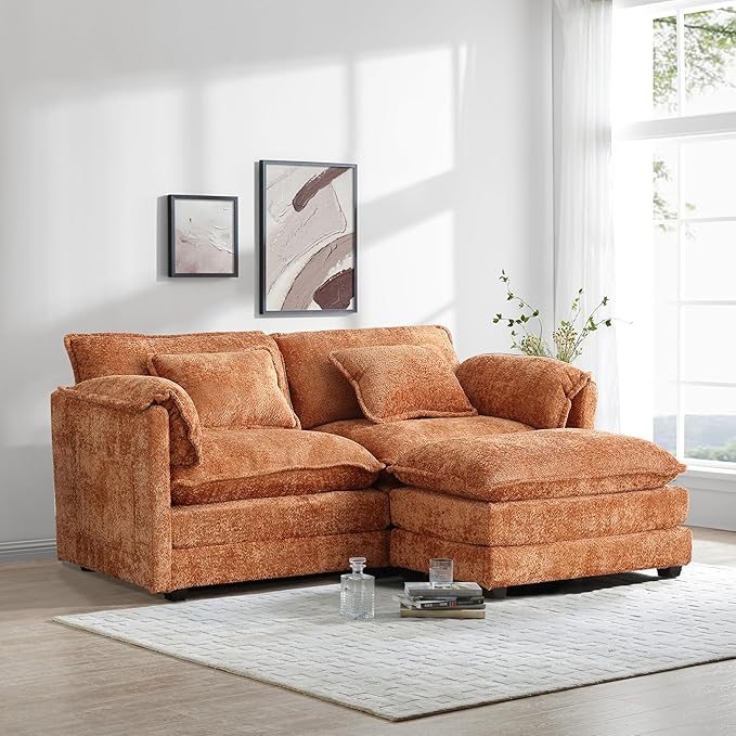 Modern 77 L Shaped Sectional Sofa Cloud Couch Chenille Comfy Boucle Modular loveseat Sofa Upholstery Sofa with Ottoman &amp Memory Foam for Living Room Orange