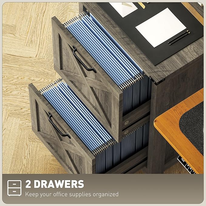 2 Drawer File Cabinet with Lock Small Filing Cabinet OrganizerUnder Desk Storage with Locking Drawers for Home Office Modern Farmhouse FurnitureGrey