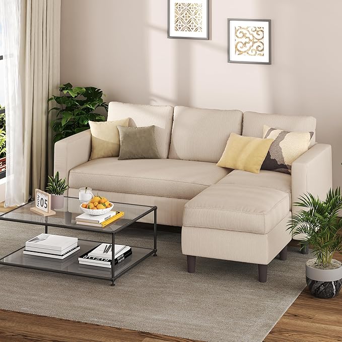 Shintenchi Small Sectional Sofa CouchesL Shape Convertible Sofa with Ottoman3 Seat Comfy Corduroy Upholstered Sofa CouchSmall Couch for ApartmentLiving Room and Office(Beige)