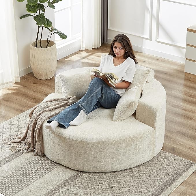 55 Oversized Chaise lounge Chair Indoor Modern Upholstered Deep Seat Wide Armrest Single Floor Circle Round Sofa Chair Sleeper for Small Living Room Bedroom Apartment with Pillow Beige Chenille