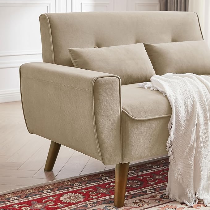 Loveseat Sofa Couch with Two Throw Pillows Mid Century Modern 2 Seat Love Seat Couches for Living Room Linen Fabric 48 (Beige)