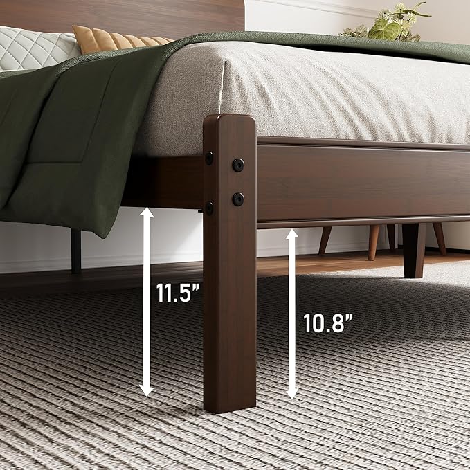 14in High Solid Bamboo Wood Platform Twin XL Bed Frame with Headboard Reinforced Heavy Duty Metal Slats Noise Free No Box Spring Needed Easy Assembly Walnut