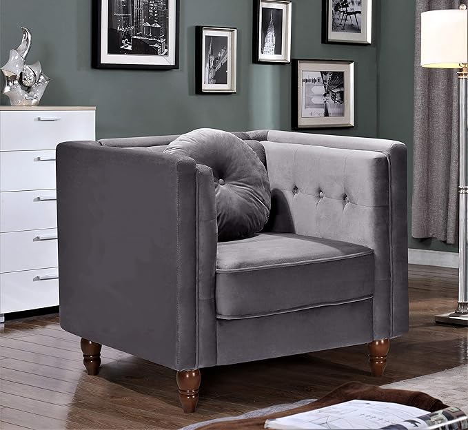 Lexie Velvet Upholstered Mid Century Modern Style Cozy Reading Side Club Arm Chair Sitting Accent Chairs for the Bedroom Living Room Nursery Kids Room and Home Office in Grey 31.5 Width