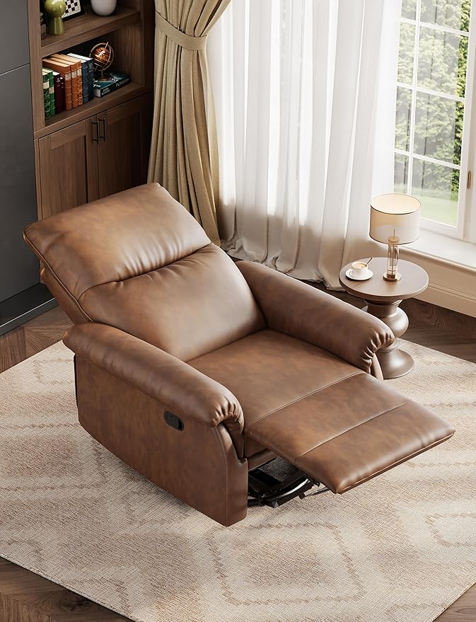 Manual Recliner Chair for Adults PU Leather Swivel Rocker Recliner with Padded Armrests Modern Upholstered Reclining Chair for Living Room or Nursery Orange