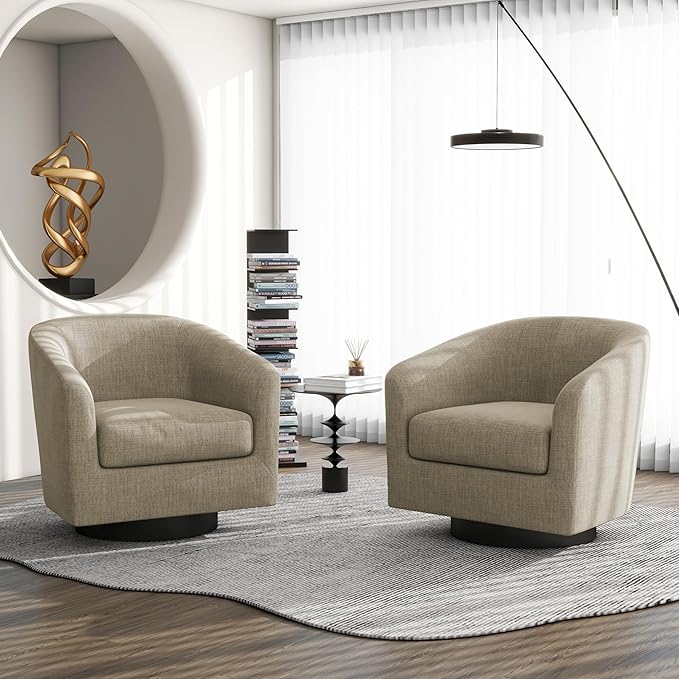 Swivel Barrel Accent Chair Modern Round Linen Arm Chair for Living Room Bedroom Comfy Club Reading Chairs for Adults（Linen Fabric Light Brown Set of 4