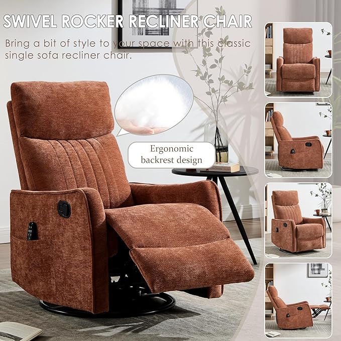 Small Swivel Rocker Recliner Chair for Nursery Heat &amp Massage Manual Upholstered 360° Fabric Glider Chair Small Recliners for Small Spaces Living Room (Orange)