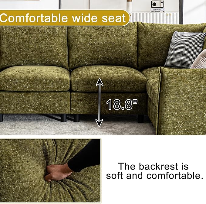 124.4 U Shaped Sectional Couches with Storage Ottoman 6 Seater Chenille Upholstered Modular Sectional Sofa Cloud Couch Sectional Sectional Couches for Living Room Bedroom &amp Apartment (Green)