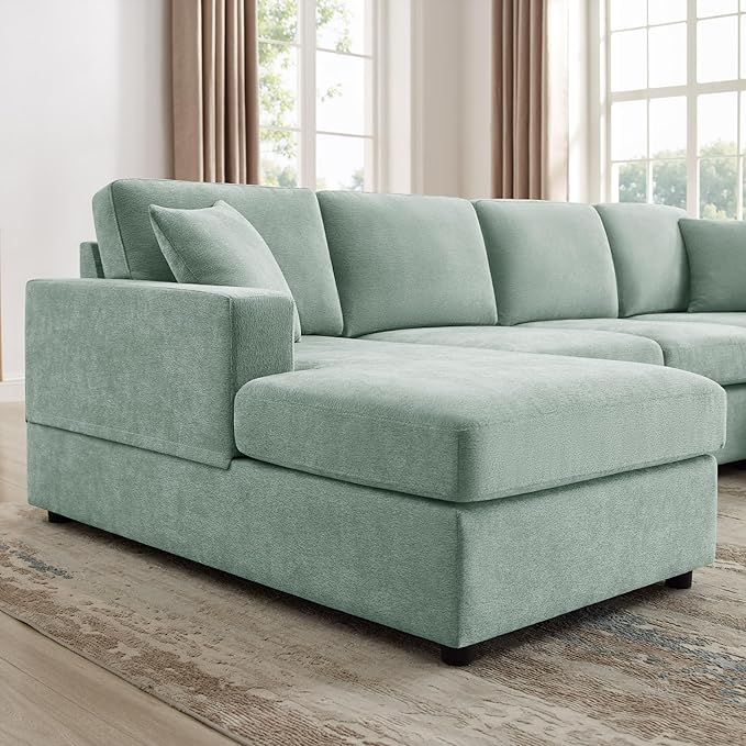 VANOMi 118'' U Shaped Sectional Sofa 4 Seat Modern Sectional Couch Double Chaise Longue Cozy Chenille Sofa Couches for Living Room Apartment Mint