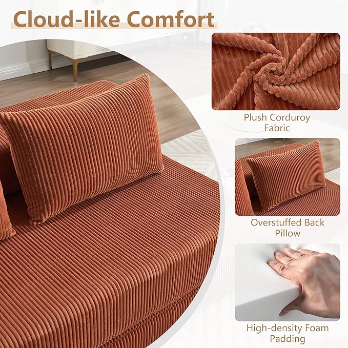 KIVENJAJA Folding Sofa Bed Full Size 3-in-1 Convertible Sleeper Sofa Corduroy Foldable Boneless Floor Futon Couch with Backrest &amp Pillows for Home Living Room Office Apartment Small Spaces Oran