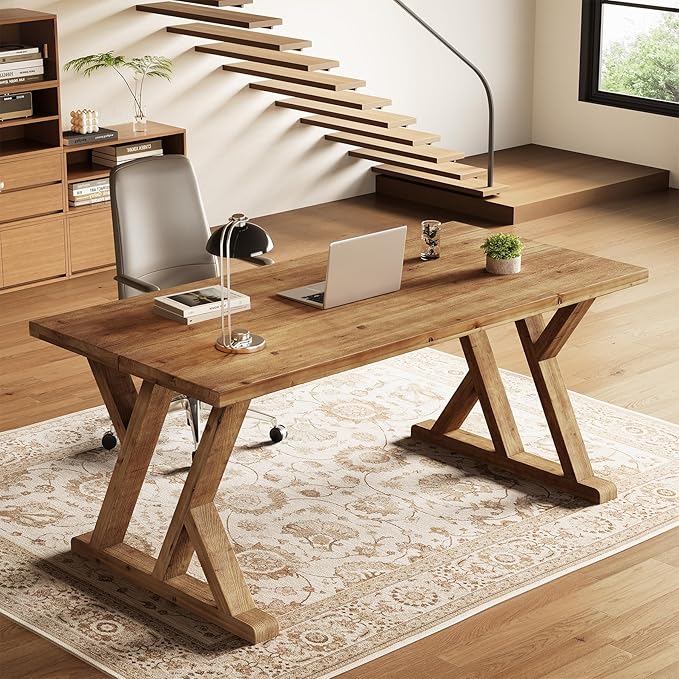 63 Solid Wood Executive Desk for Home Office Farmhouse Wooden Large Office Computer Desk Writing Study Table Business Workstation with X Shaped Legs Rustic Brown
