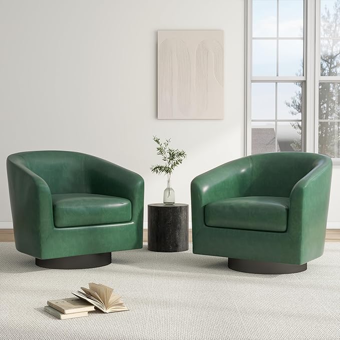 Swivel Barrel Accent Chair Modern Round Faux Leather Arm Chair for Living Room Bedroom Comfy Club Reading Chairs for Adults(Faux Leather Green Set of 2)
