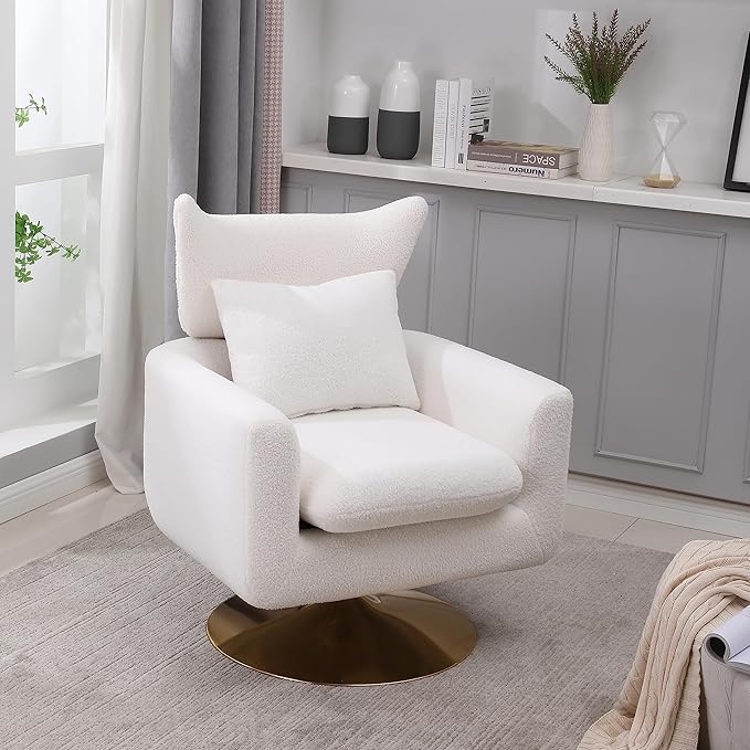 JOSHEN 360 Swivel Accent Chair IndoorModern Linen ArmchairComfortable Upholstered Lounge Chair with Metal Base for Living RoomApartmentOfficeWhite