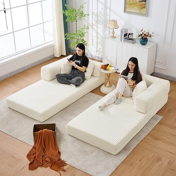 79.5 Folding Convertible Sofa Bed with Side Storage Pockets 4-in-1 Corduroy Boneless Couch No Assembly Loveseat Sleeper Floor Sofa Daybed Futon Couch for Living Room Bedroom Lounge Beige Upgraded
