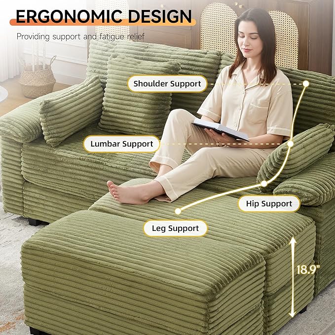 75 Corduroy Loveseat with Storage Ottoman &amp USB Cloud Deep Seat Couch with Convertible Ottoman Coffee Table Double Chaise Lounge for Living Room Green